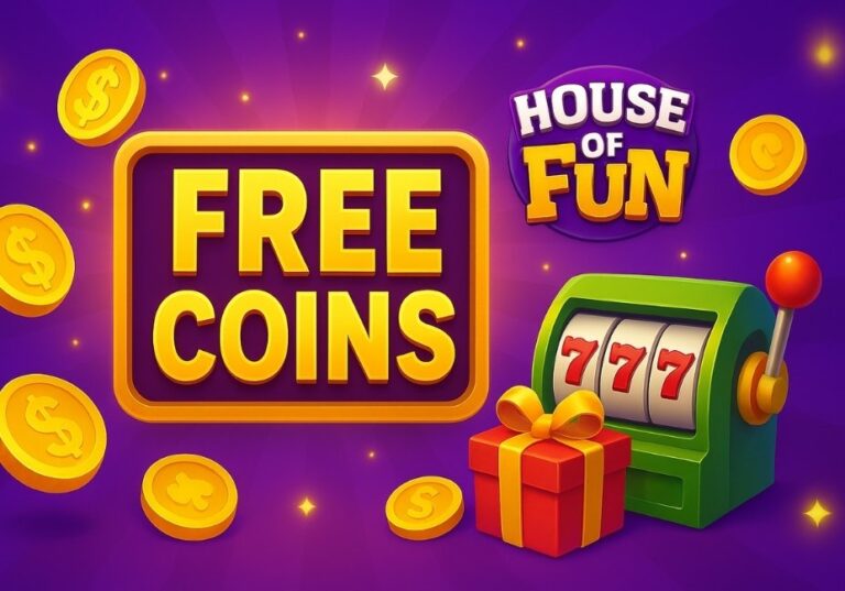 “Colorful 2D casino-style illustration showing golden coins, a slot machine, and a gift box on a purple background promoting free coins for House of Fun.”