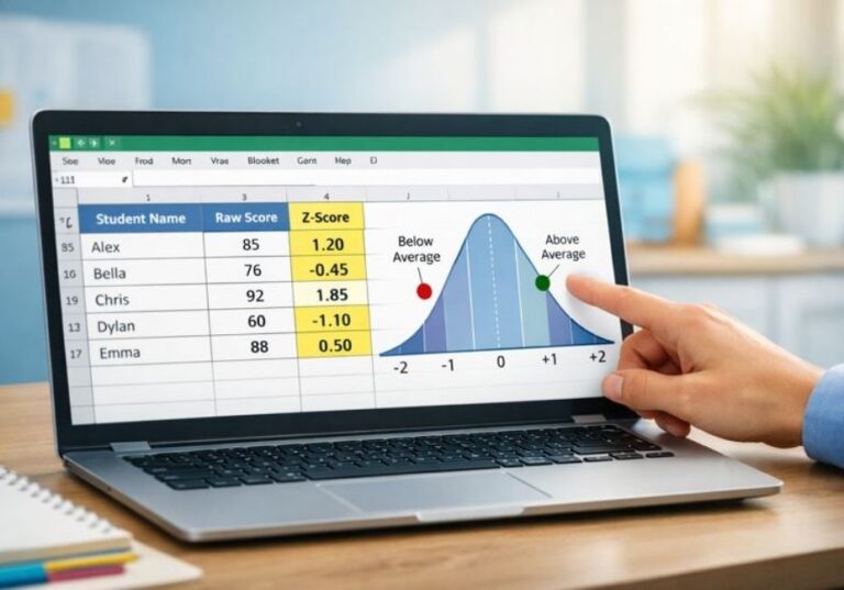 Teacher analyzing Blooket scores in Excel using Z-score and bell curve for student performance analysis