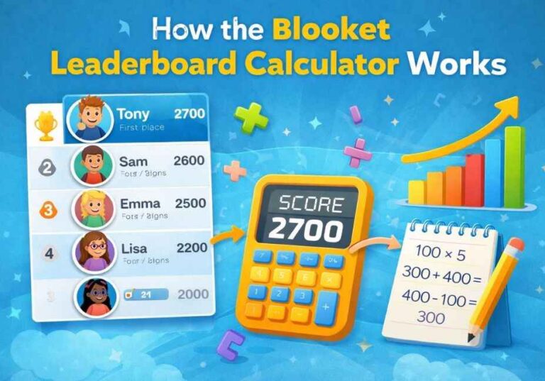 Visual guide explaining how the Blooket leaderboard calculator works using scores, rankings, and calculations.