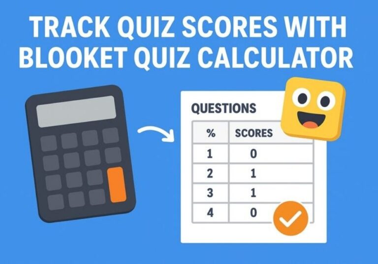 Track quiz scores easily with Blooket Quiz Calculator showing score table and calculator illustration