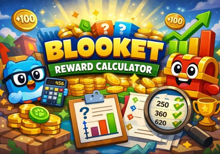 "Blooket Reward Calculator graphic with cartoon characters, coins, charts, and magnifying glass showing point values"