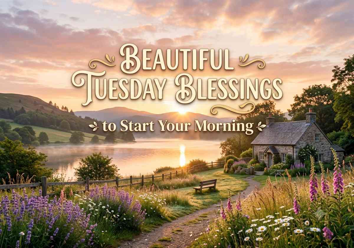 A beautiful Tuesday blessings quote image featuring a serene sunrise over a misty lake, with wildflowers and warm light.