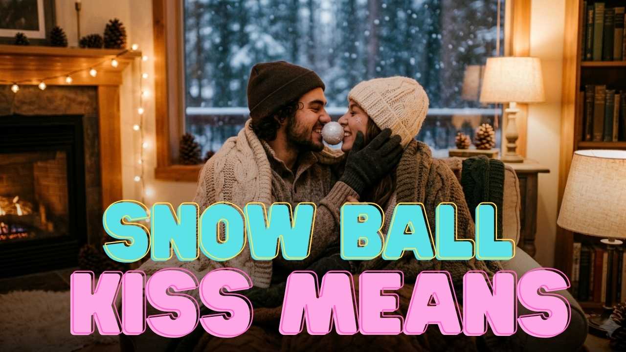 Snow ball kiss means romantic gesture between couple in cozy winter setting