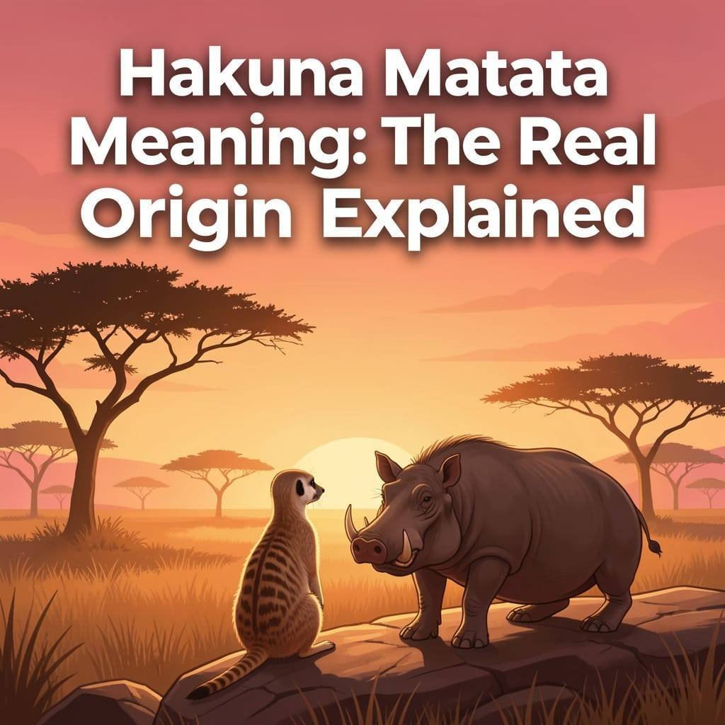 Hakuna matata meaning illustrated with a savanna sunset scene and article title overlay.