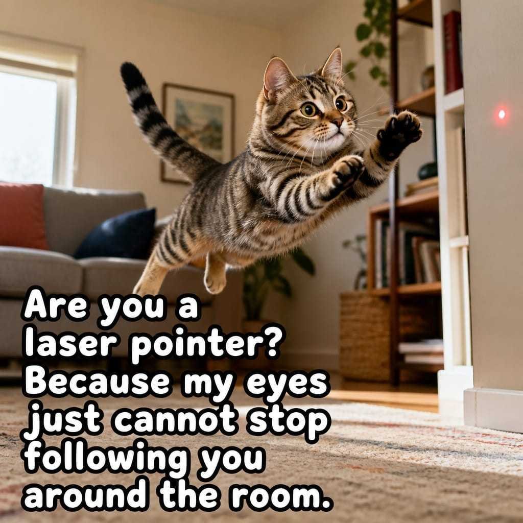 Funny Cat Pick-Up Lines image with a playful cat chasing laser and joke text.