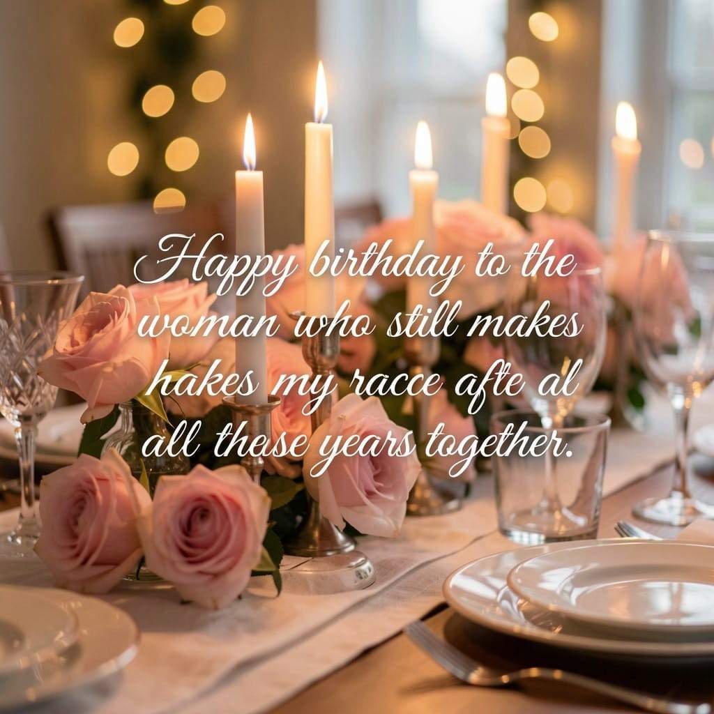Generate a 1080x1080px square image, romantic candlelit birthday dinner setup with soft roses and warm bokeh lights, intimate loving mood, elegant white cursive-style text overlay centered, no title or heading text, only this exact quote: "Happy birthday to the woman who still makes my heart race after all these years together."