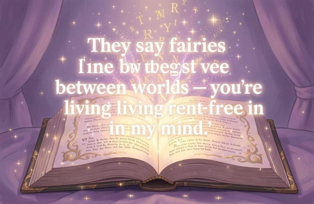 Spellbook illustration with a clever fairy pick up lines quote