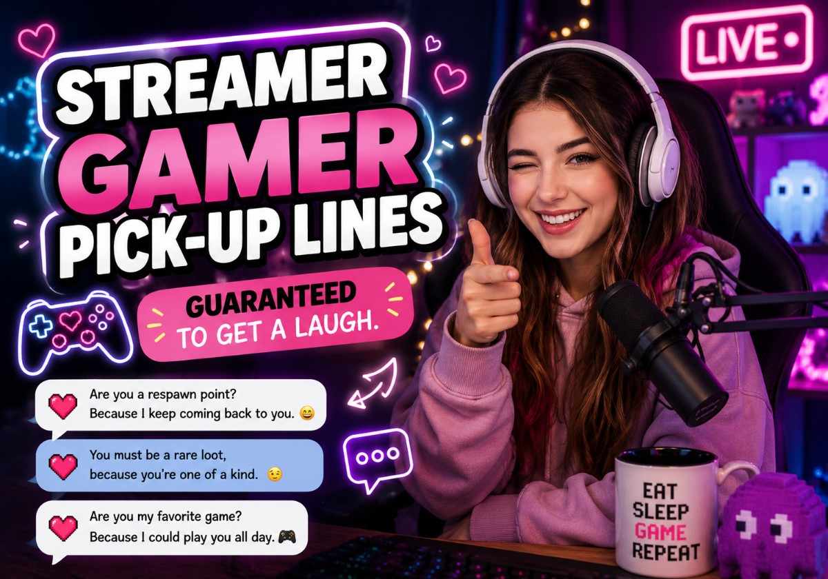 Streamer gamer pick-up lines guaranteed to get a laugh with neon gaming setup, streamer girl, and funny romantic chat bubbles