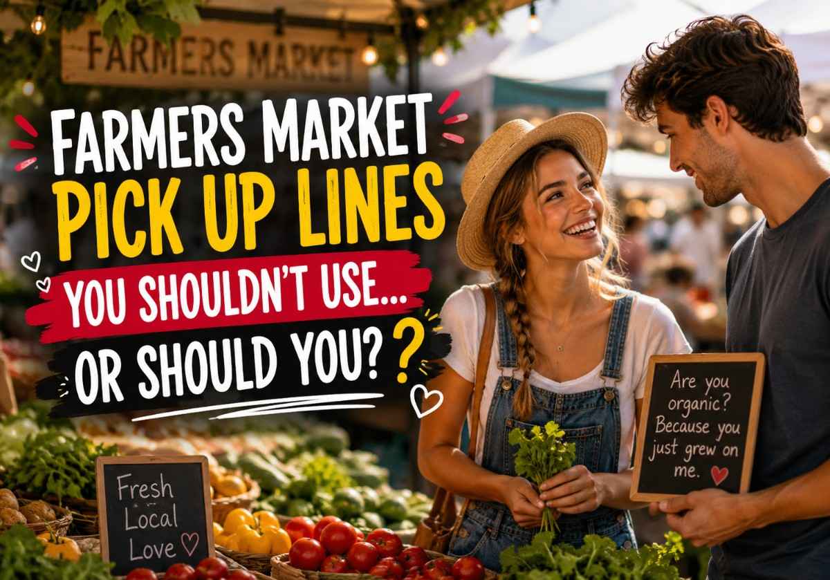 Farmers Market Pick Up Lines scene with smiling couple flirting at a colorful outdoor market with fresh produce and playful romantic vibe