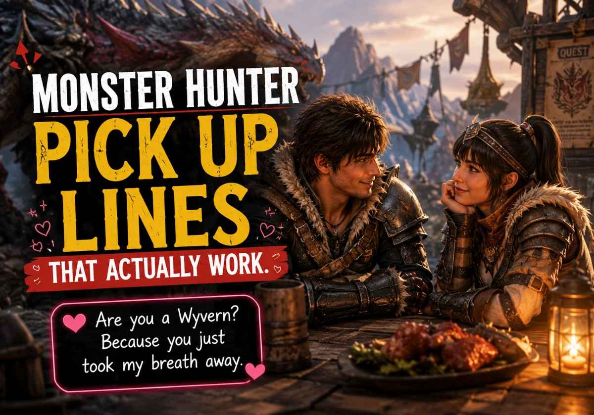 Monster Hunter Pick Up Lines That Actually Work thumbnail featuring two hunters flirting at a fantasy camp with a dragon in the background and romantic gaming vibe