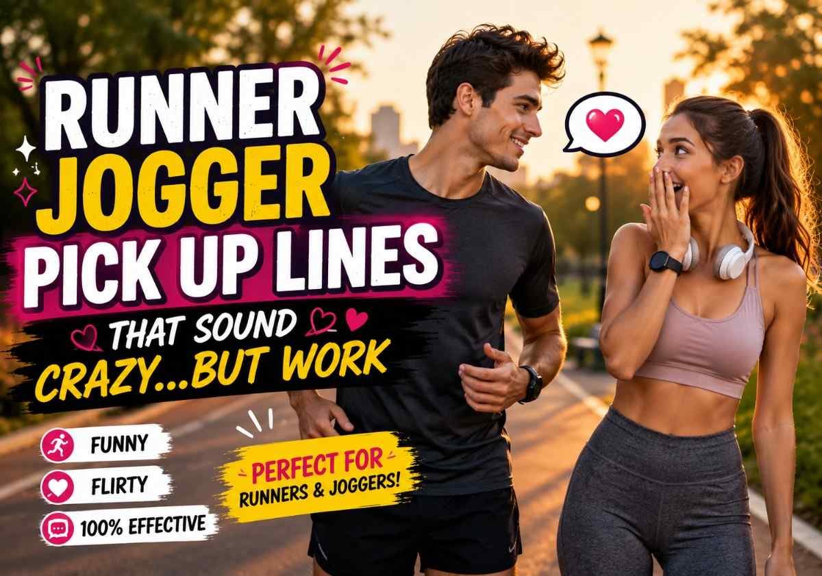 Runner Jogger Pick Up Lines image showing a flirty couple jogging in a park at sunset with surprised reaction, romantic and playful running scene