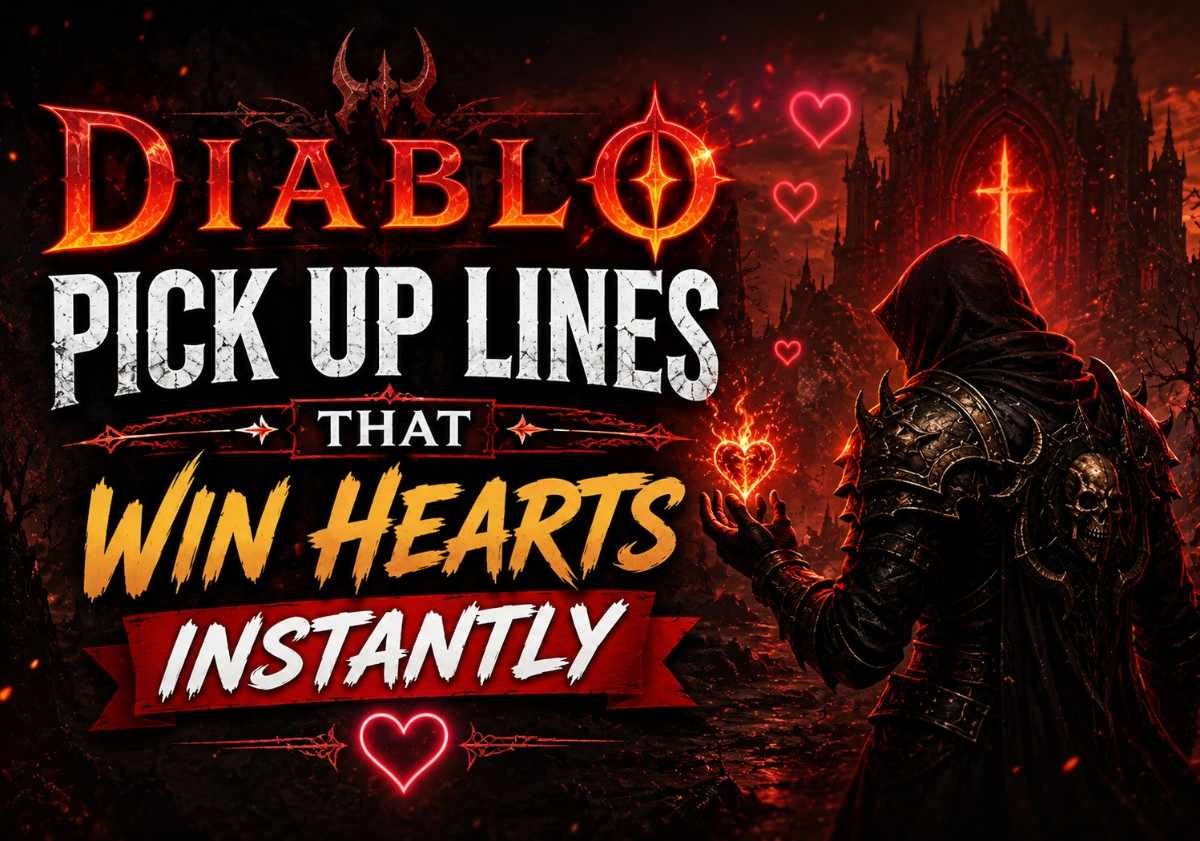 Diablo Pick Up Lines featured image with dark fiery background, hooded warrior holding glowing heart, and bold text that win hearts instantly