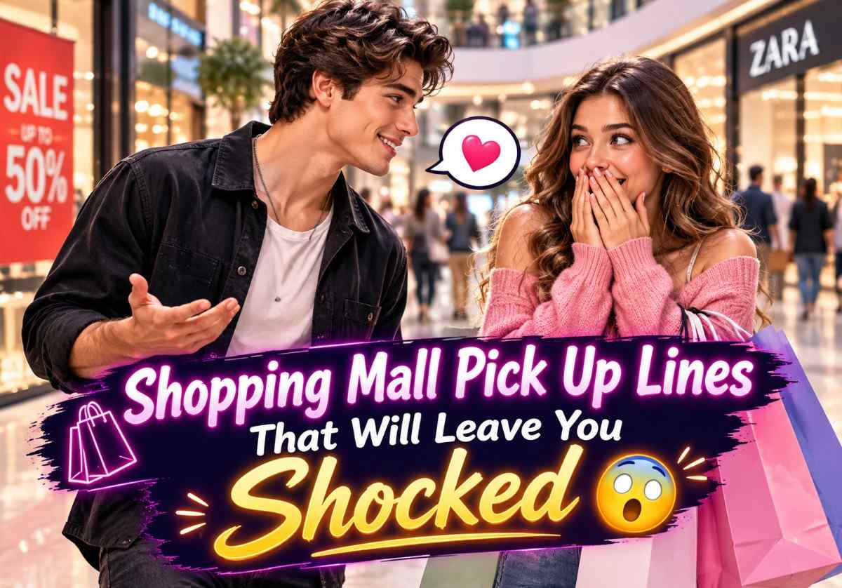 Shopping Mall Pick Up Lines scene showing a confident man flirting with a surprised woman in a modern mall, bright stores, shopping bags, and a fun shocked reaction atmosphere