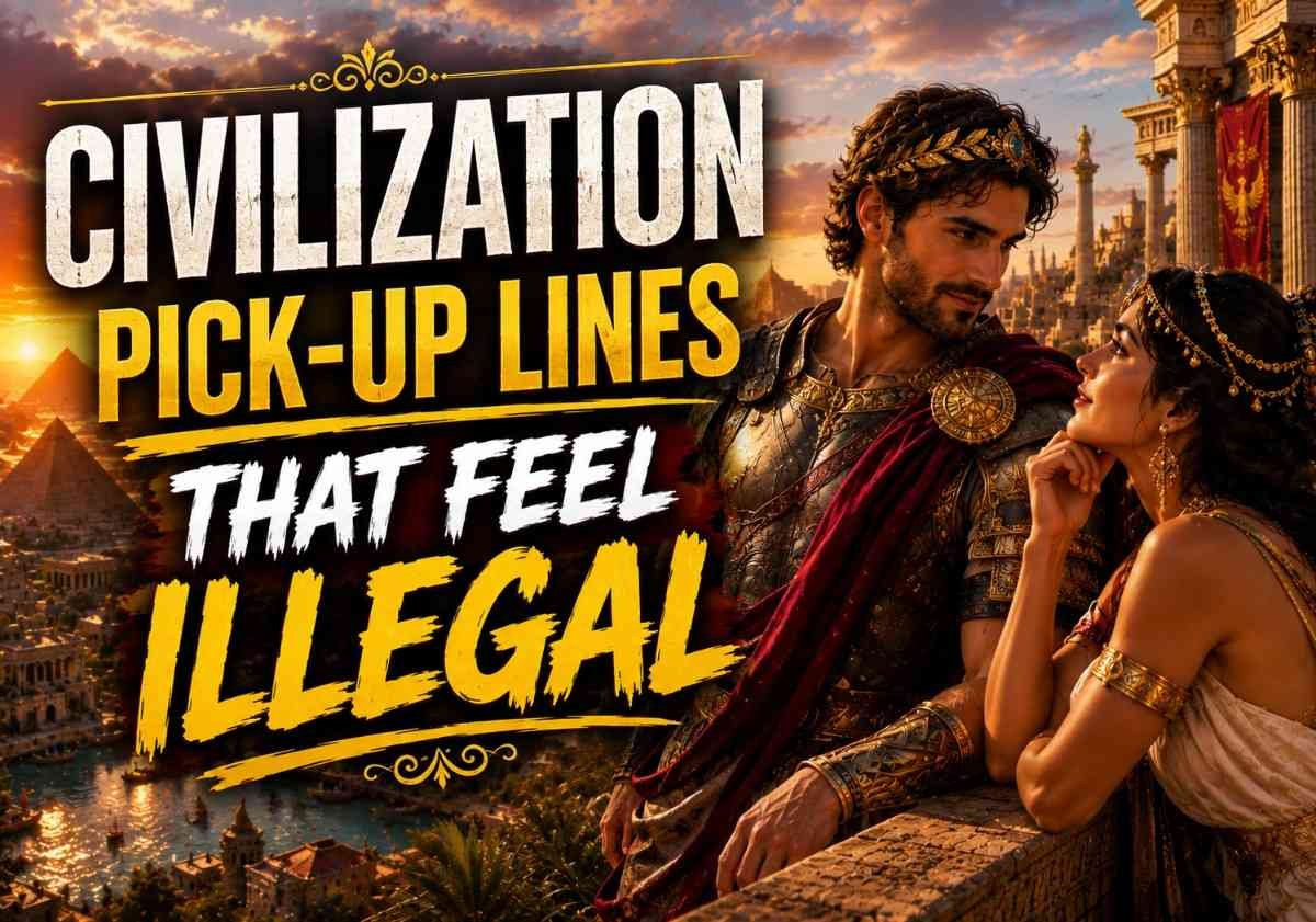 Civilization Pick-Up Lines image showing a romantic ancient empire scene with a ruler and humorous flirty vibe, illustrating funny and bold civilization pick-up lines.