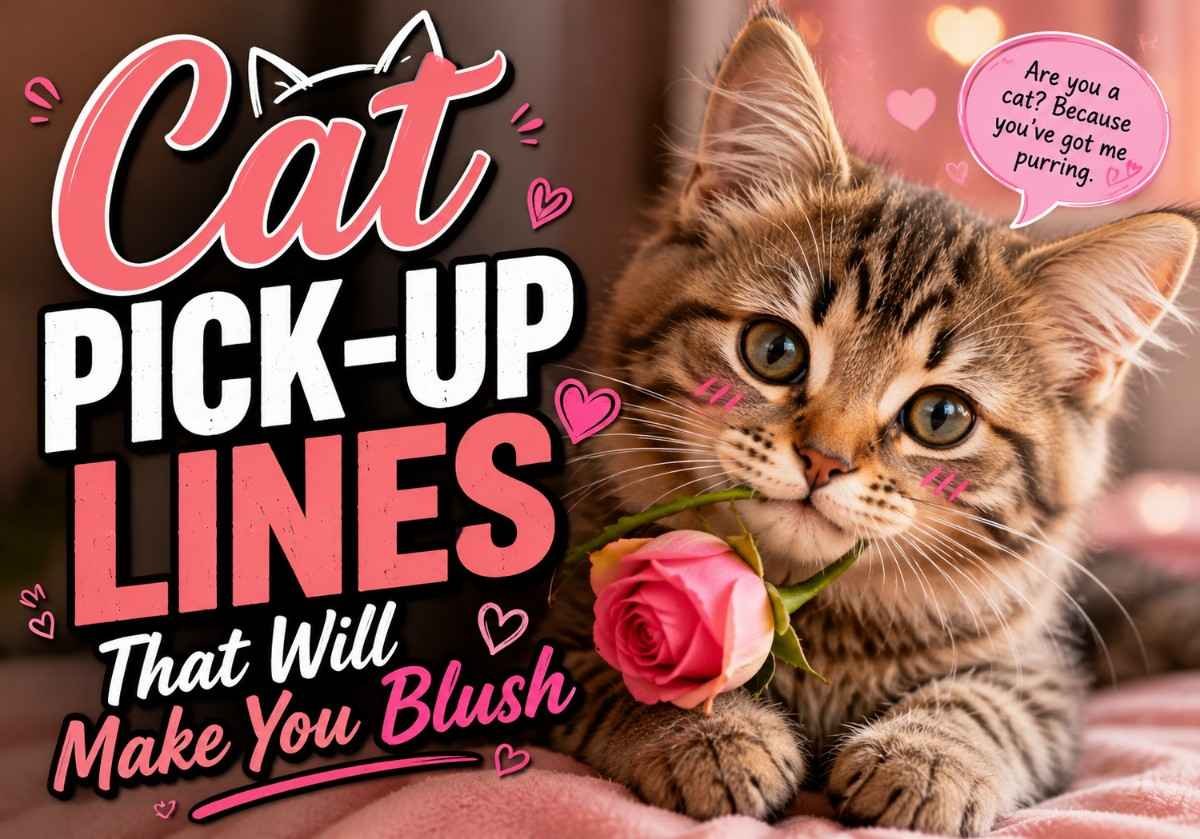 Cat Pick Up Lines image featuring a cute kitten holding a rose with a romantic and playful design, illustrating flirty and blushing-worthy cat pickup lines.
