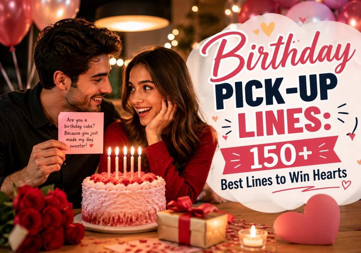 Birthday pick-up lines featured image showing a smiling couple celebrating with a birthday cake, balloons, gifts, candles, and romantic decorations alongside the title 'Birthday Pick-Up Lines: 150+ Best Lines to Win Hearts.'