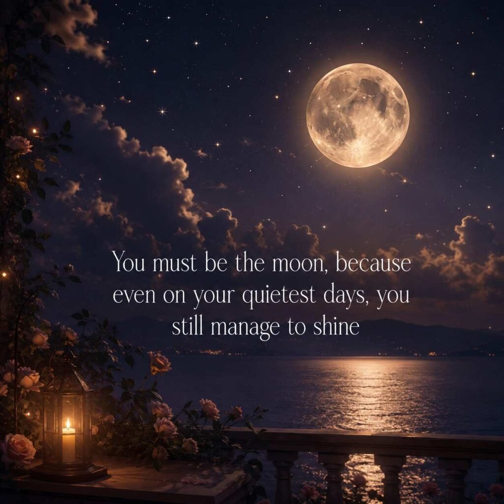 Romantic moon pick up lines quote with glowing full moon night sky