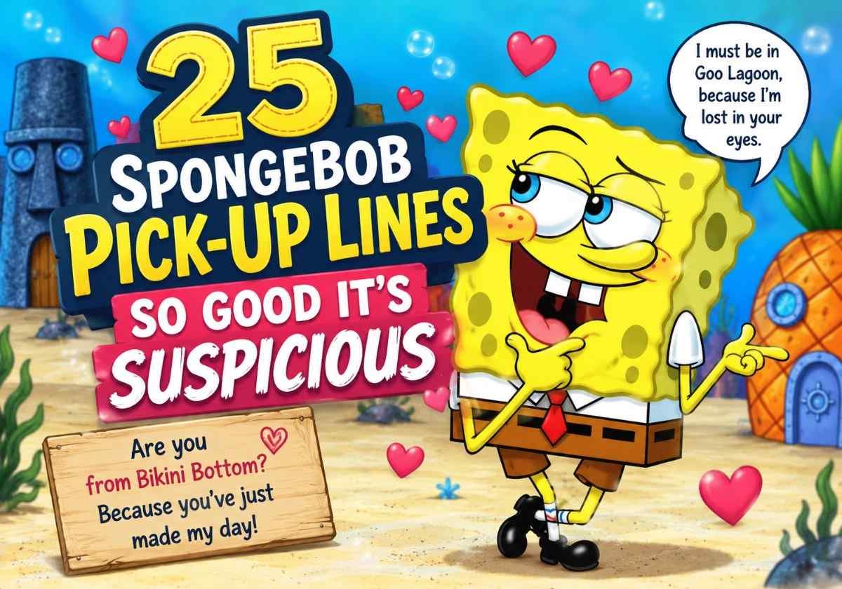 SpongeBob pick-up lines featured image with cartoon SpongeBob in Bikini Bottom, surrounded by hearts and playful text saying “25 SpongeBob Pick-Up Lines So Good It’s Suspicious.”