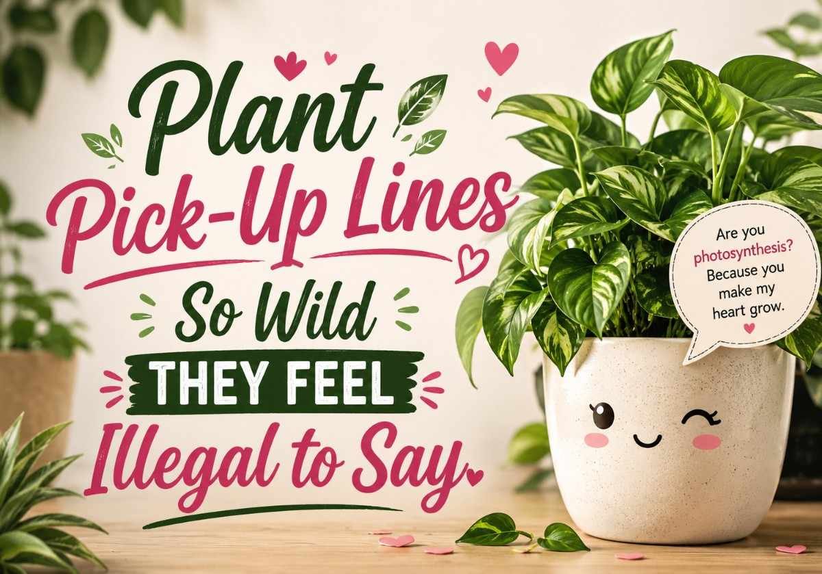 Plant pick-up lines illustrated in a fun blog banner with lush green houseplants, playful typography, hearts, and the title 'Plant Pick-Up Lines So Wild They Feel Illegal to Say.'
