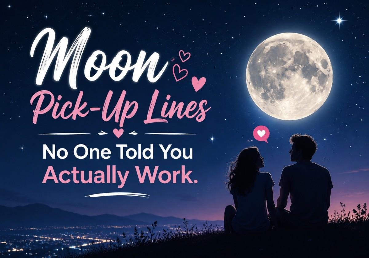 Moon pick-up lines featured image with a romantic couple watching the glowing full moon under a starry night sky.