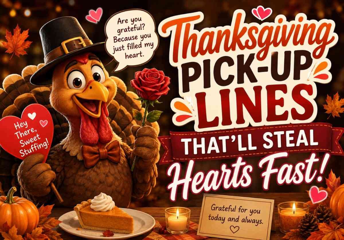Thanksgiving pick-up lines featured image with a cute turkey holding a rose and heart sign, surrounded by autumn leaves and romantic elements for a festive blog thumbnail.