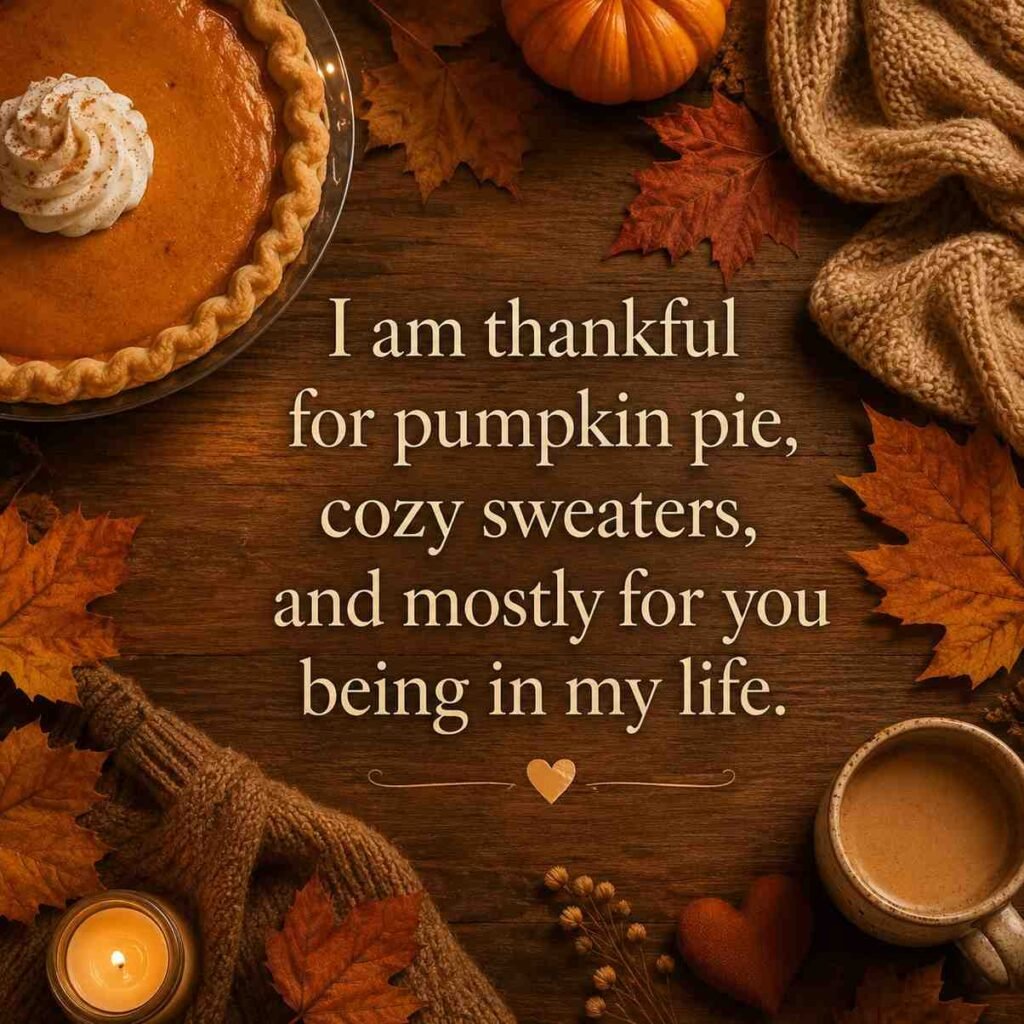 Flirty Thanksgiving pick up lines quote card with pumpkin pie and cozy autumn table setting.