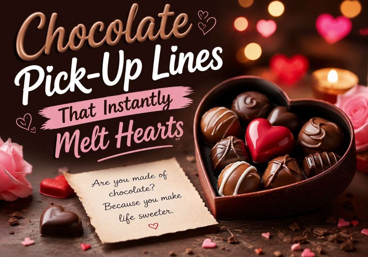 Chocolate Pick-Up Lines with a heart-shaped box of chocolates and roses.
