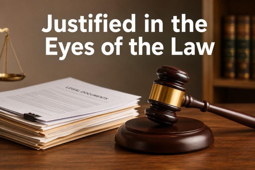 Justified meaning in law shown through a courtroom gavel and legal documents."