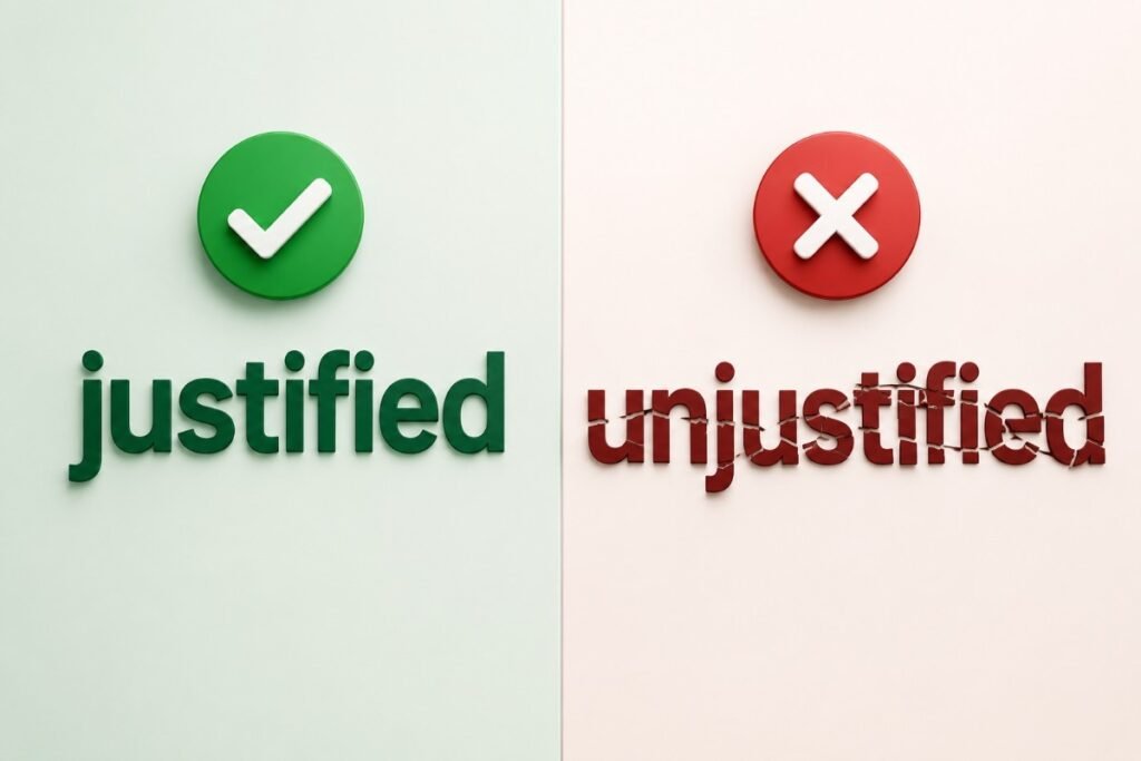 "Opposite of justified meaning shown through justified versus unjustified contrast"