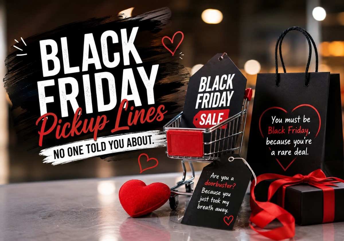 Black Friday Pickup Lines promotional image featuring a shopping cart, Black Friday sale tags, a gift box, heart decoration, and playful pickup line quotes in a stylish red, black, and white holiday shopping theme.