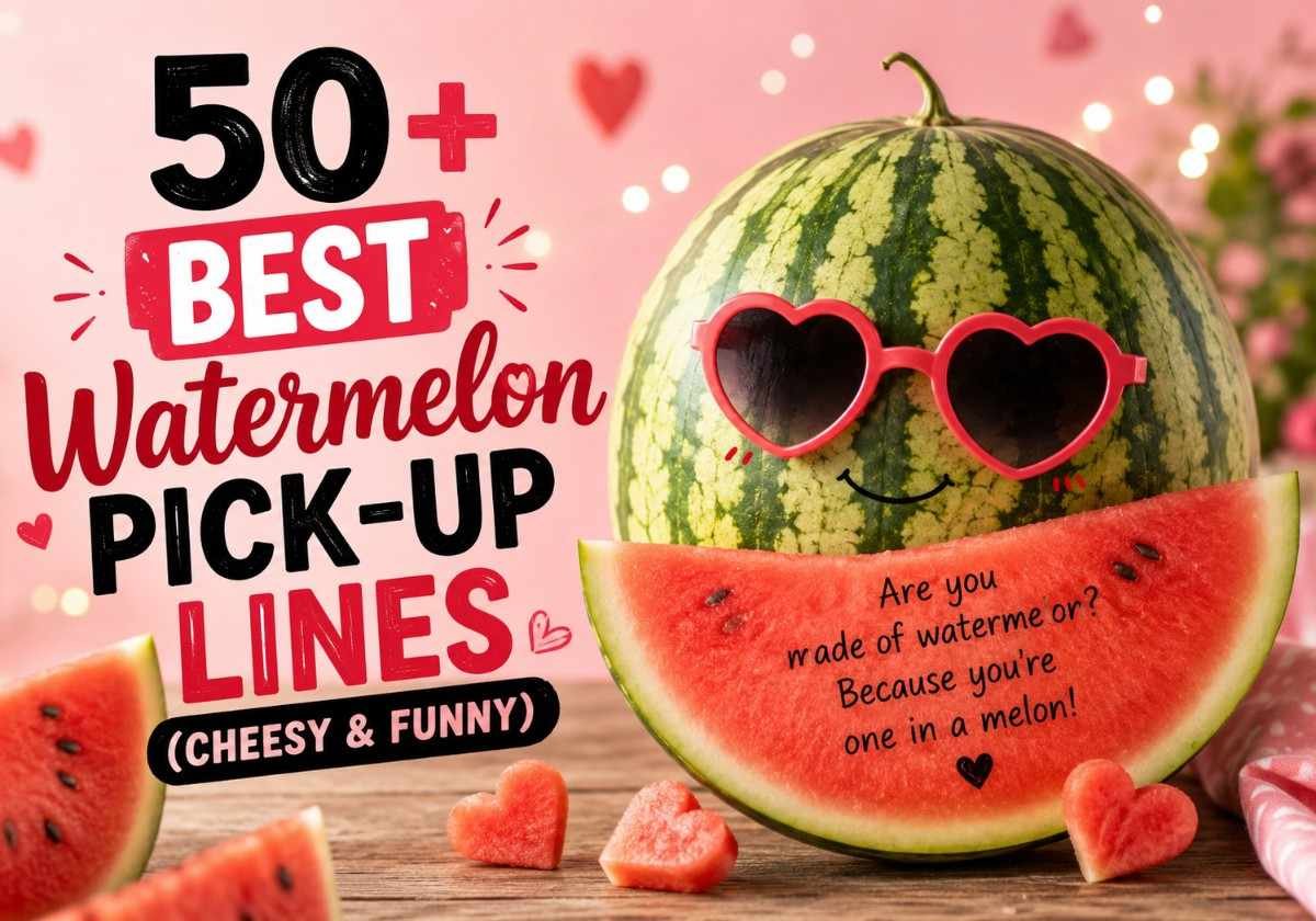 Best Watermelon Pick Up Lines blog header featuring a smiling watermelon with heart-shaped sunglasses, playful romantic theme, and colorful summer design.