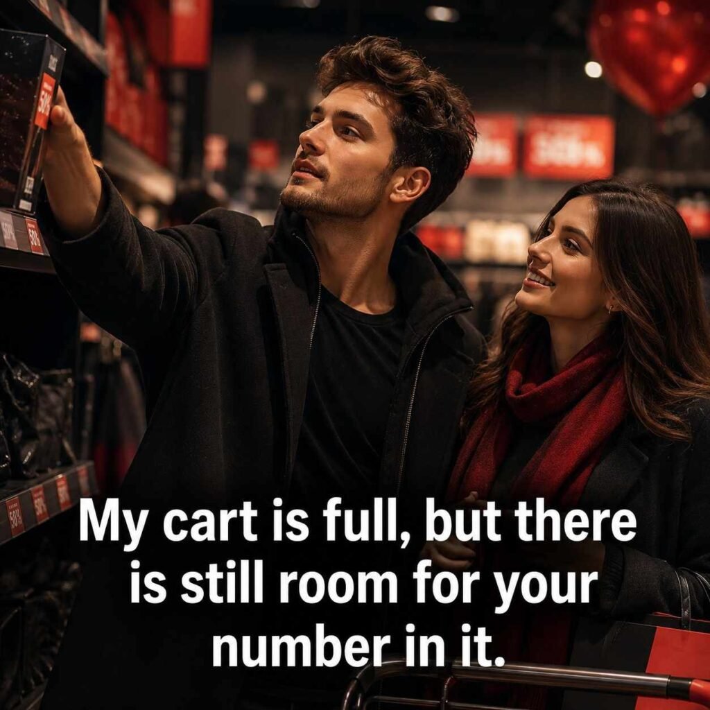 Black Friday Pickup Lines quote image showing a couple flirting near a discount shelf