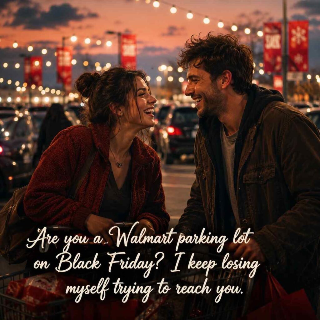 Cheesy Black Friday Pickup Lines image with couple laughing in a parking lot