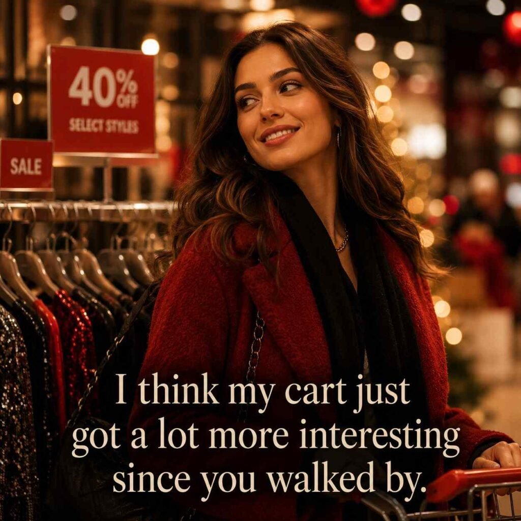 Black Friday Pickup Lines for her image with woman smiling near clothing rack