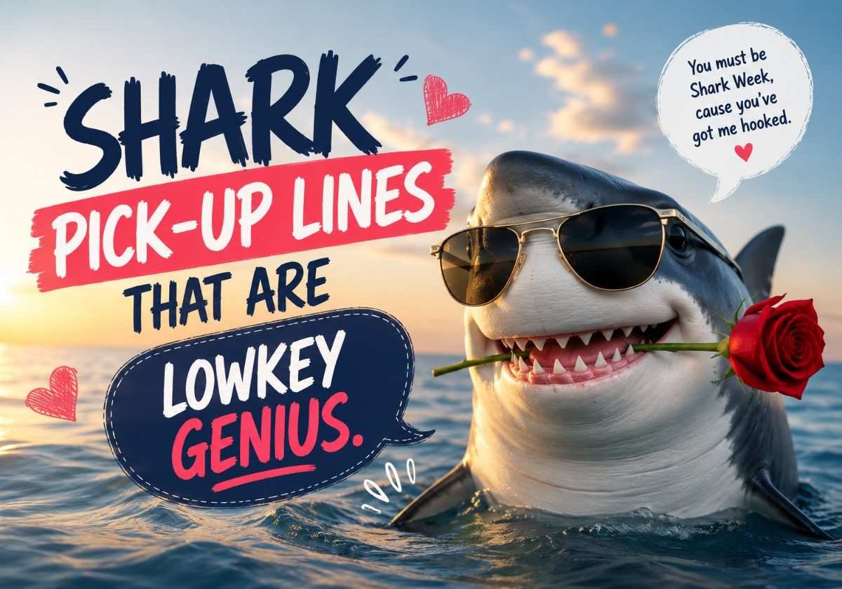 Shark Pick-Up Lines illustration featuring a cool shark with sunglasses and a rose, set in a vibrant ocean scene with playful romantic elements