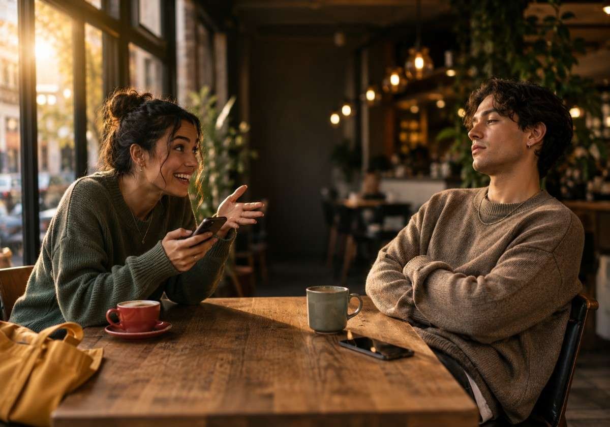 Chalant meaning explained — two people showing nonchalant vs chalant reactions while texting in a café