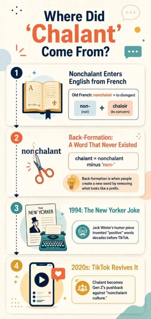Infographic showing the chalant meaning origin, from Old French nonchalant to its 1994 New Yorker joke and 2020s TikTok revival