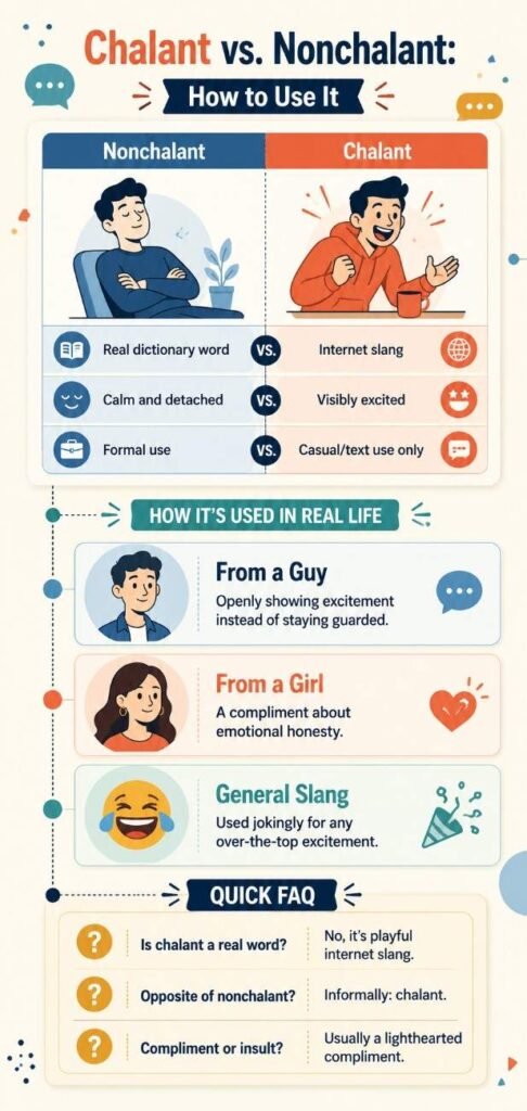 Infographic comparing chalant vs nonchalant meaning, usage by guys and girls in texting, and quick FAQ answers