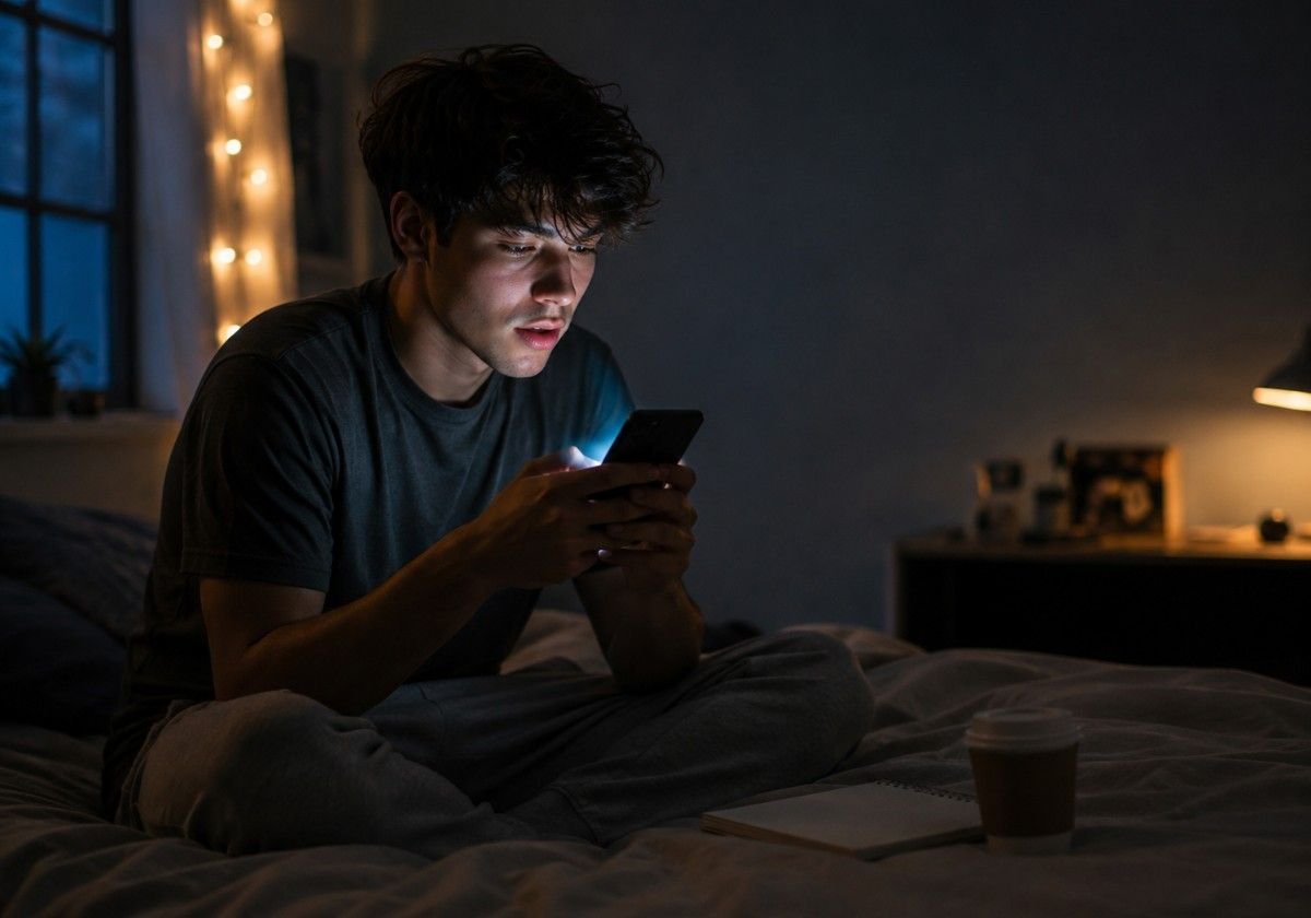Person looking at phone with intense craving expression illustrating the feening meaning in everyday texting