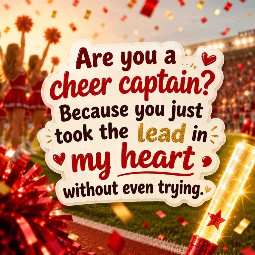Cheerleading pick up lines image with cheer captain quote on stadium confetti background