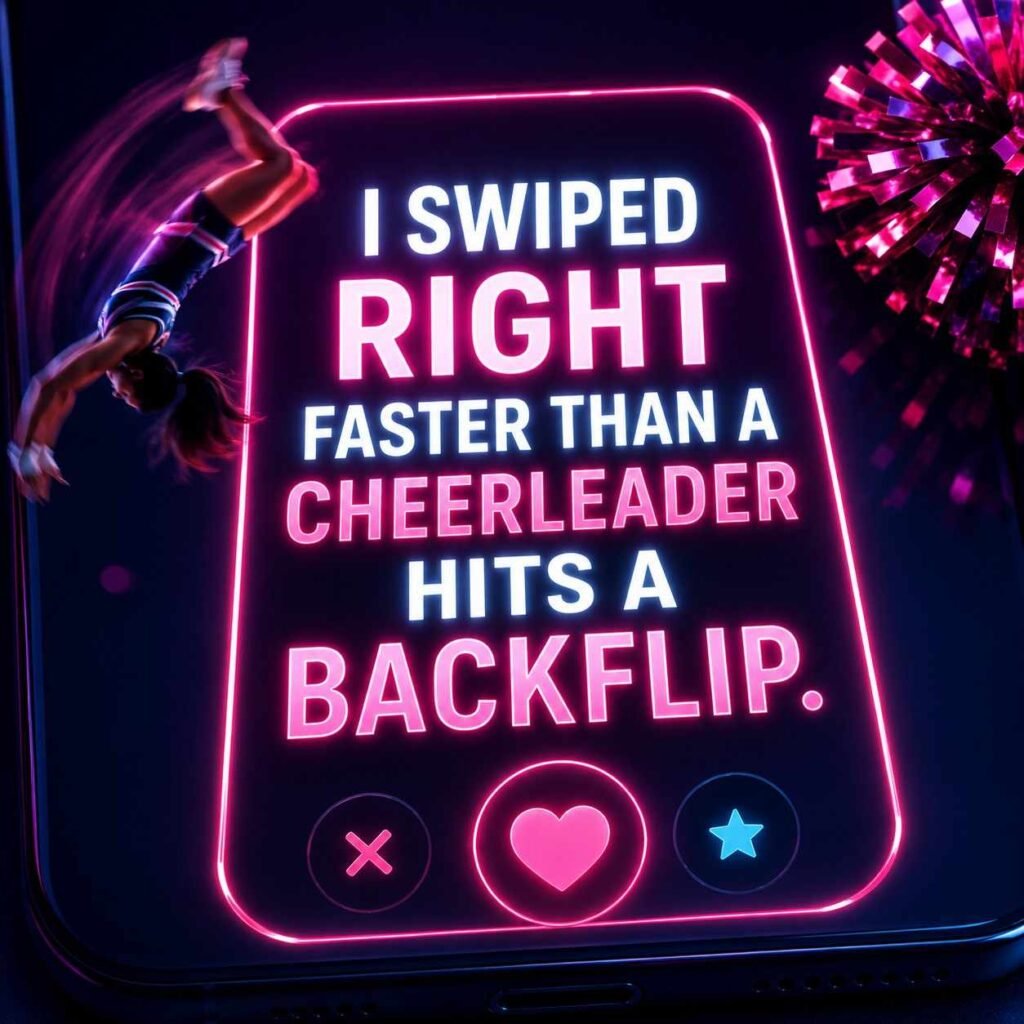 Cheerleading pick up lines image with funny Tinder opener quote on neon navy background