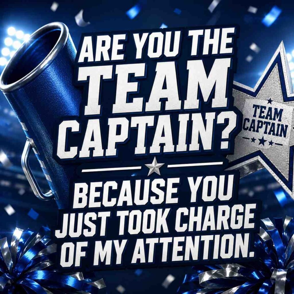 Cheerleading pick up lines image with flirty team captain quote on blue athletic background