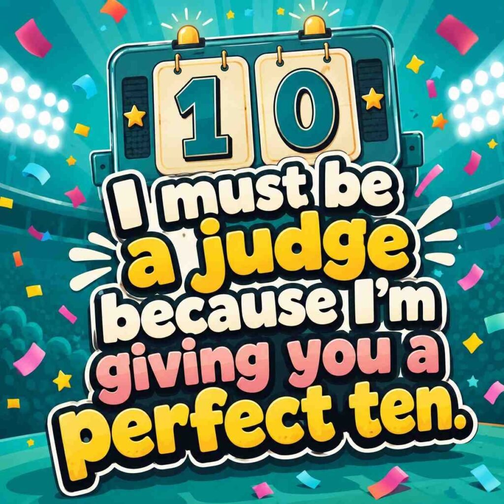 Cheerleading pick up lines image with funny perfect ten quote on teal scoreboard background