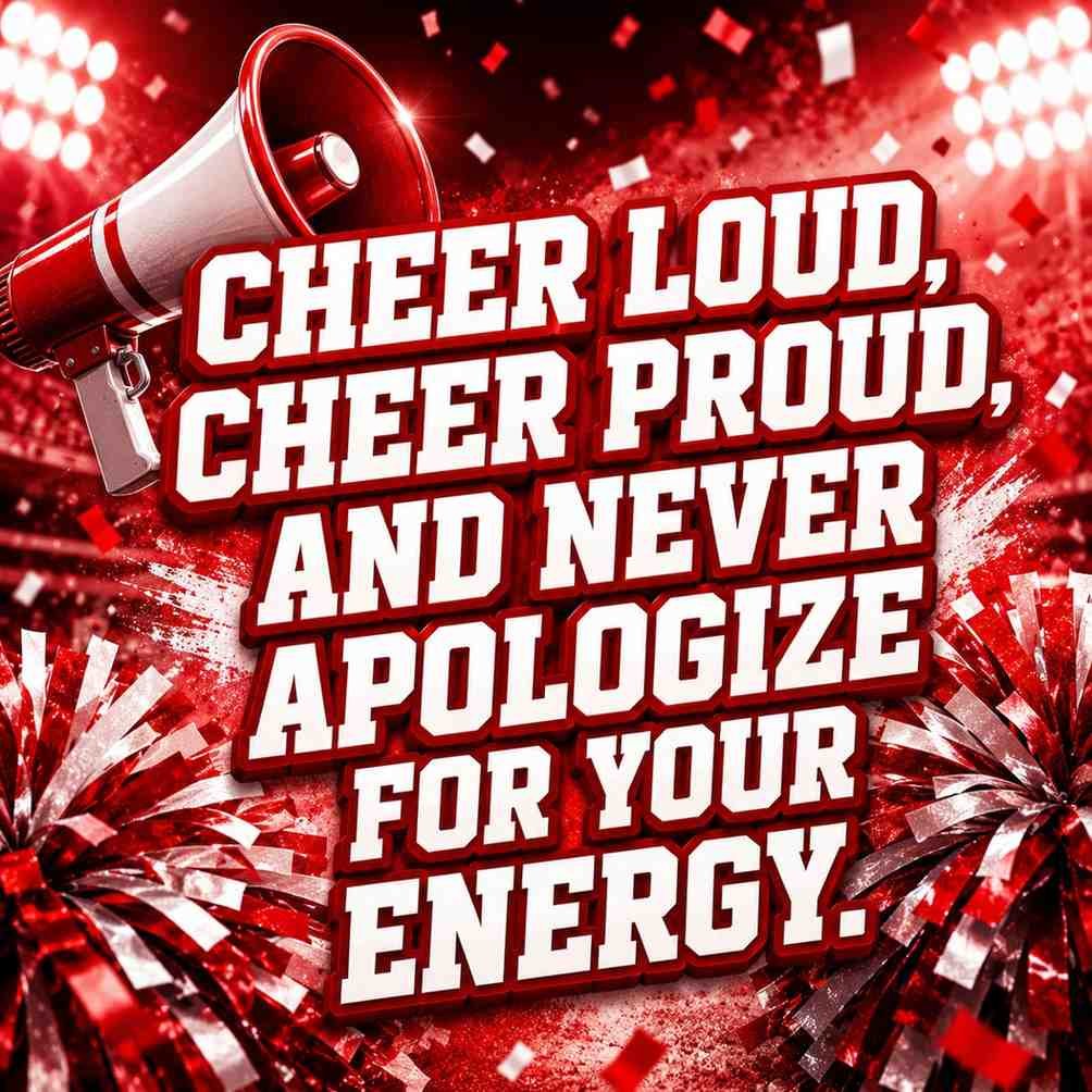 : Cheerleading pick up lines image with cheer loud quote on red stadium background