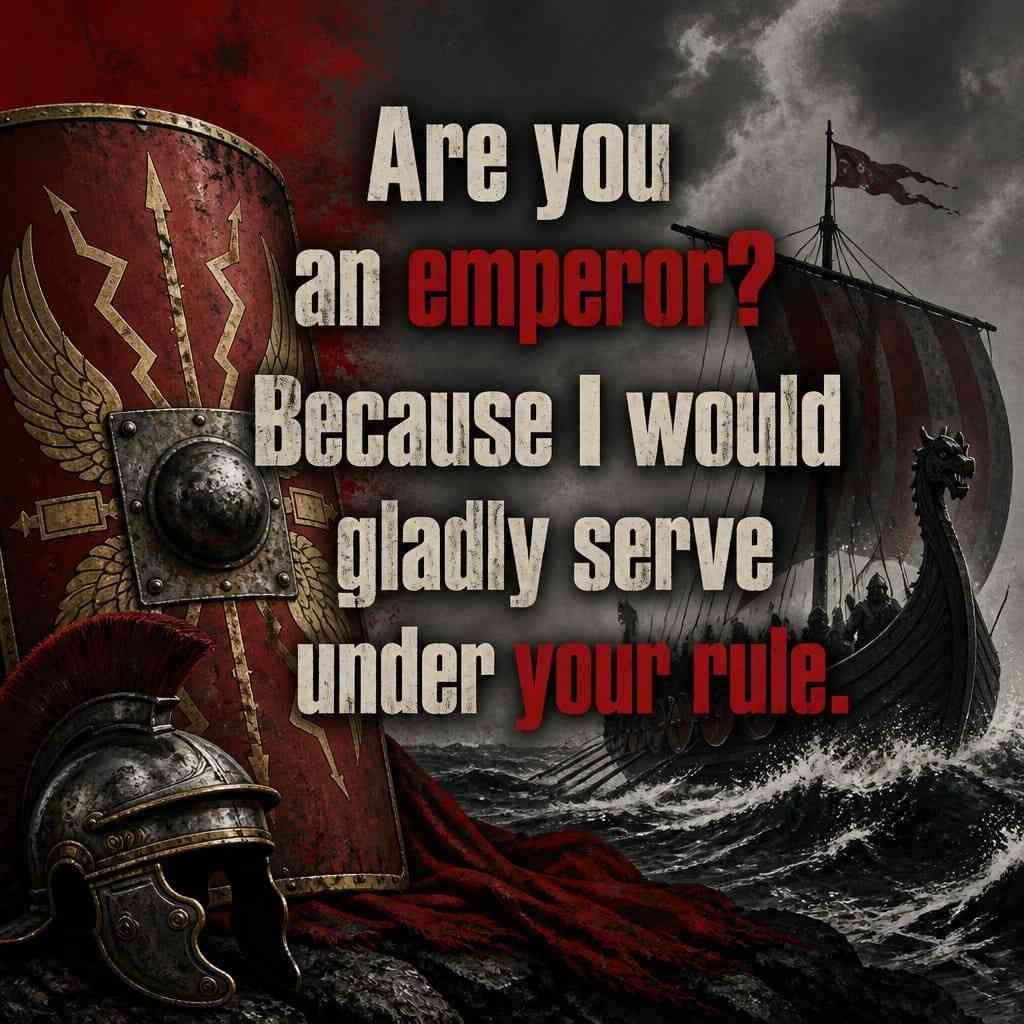 Bold Civilization Pick Up Lines quote on Roman Viking illustration.