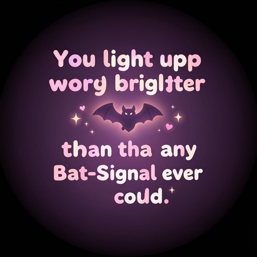 Cheesy Batman pick up lines quote with bat icon and hearts
