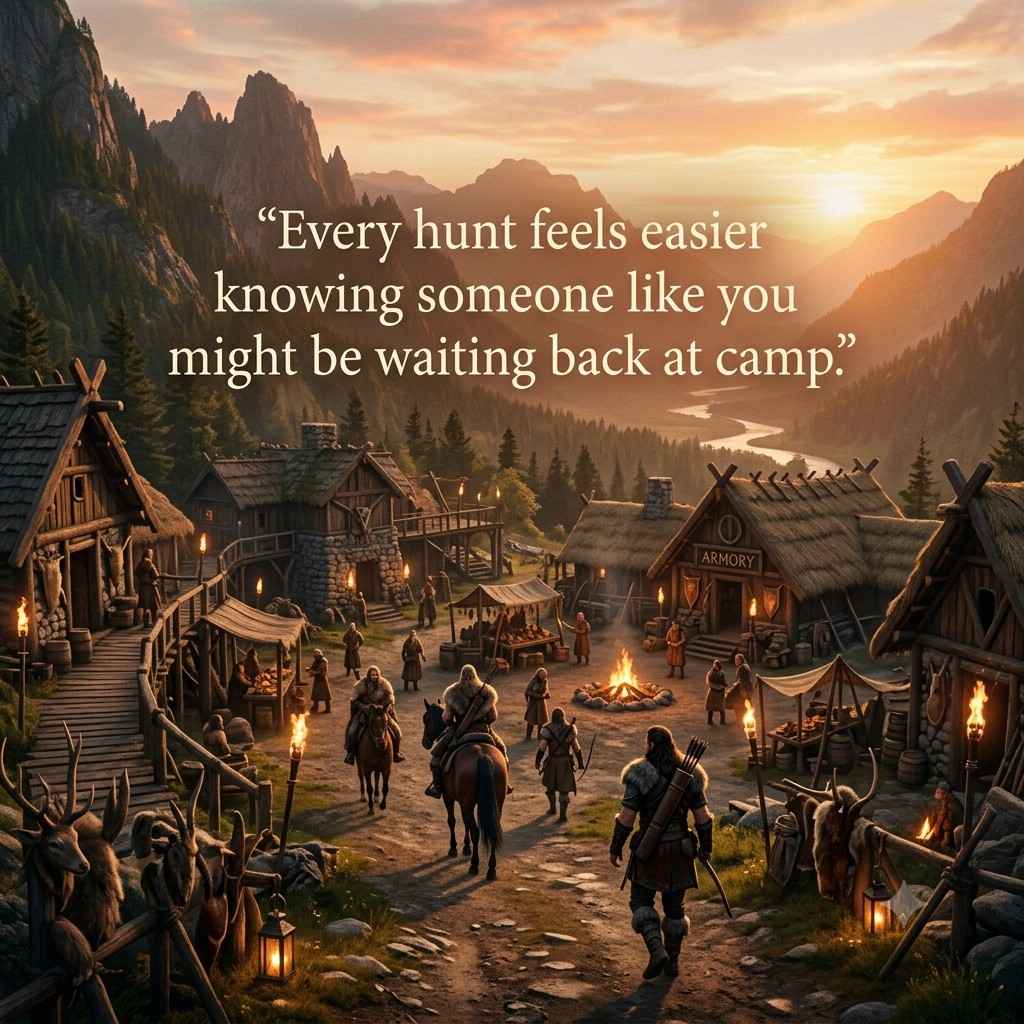 Romantic Monster Hunter Pick Up Lines quote image with sunset village