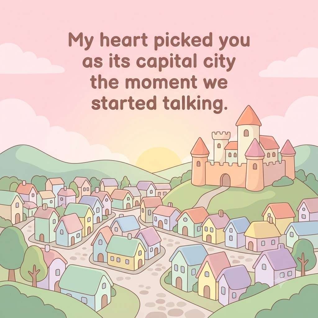 Cute Civilization Pick Up Lines quote on pastel capital city illustration.