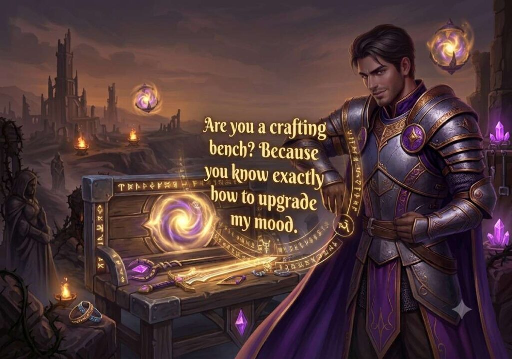  "Illustration of an exile character leaning against a glowing crafting bench, confident playful expression, warm gold and purple lighting, flirty mood. Overlay this exact text in a glowing gold font, no title: 'Are you a crafting bench? Because you know exactly how to upgrade my mood.'"
