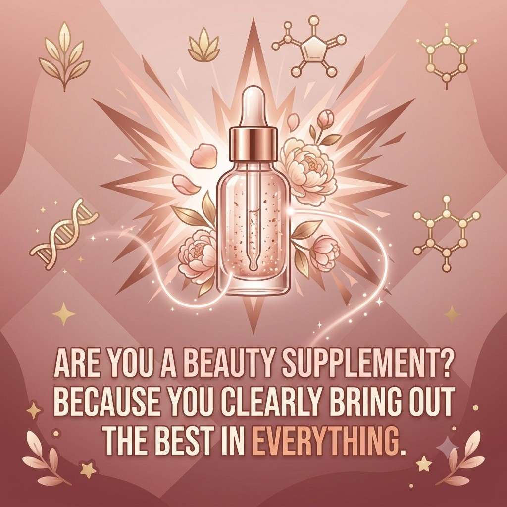 "Vitamin pick up lines for her image with beauty serum bottle illustration"